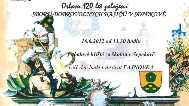 Pozvánka na oslavu 120. výročí SDH Sepekov. 