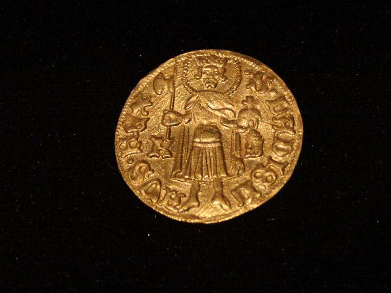 Výstava zlatých mincí v Prácheňském muzeu - uherský dukát Ladislava Pohrobka ražený v mincovně v Kremnici.
