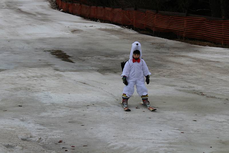 Ani počasí nezastavilo nejvěrnější fanoušky skiareálu na Libínském Sedle, aby si v maskách neužili nedělní odpoledne.