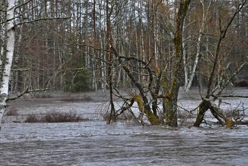 Rozvodněná Vltava u Soumarského Mostu a Černého Křiže.