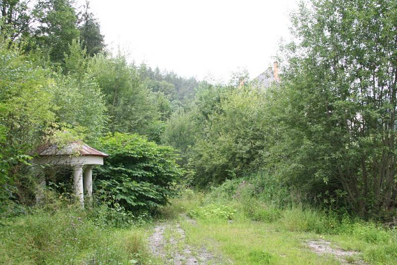 Areál zamýšleného wellness centra na Lázních svaté markéty v Prachaticích. Místo nových budov, které tu měly stát, vyrostly jen další stromy a křoví a zbylé staré budovy dál chátrají.