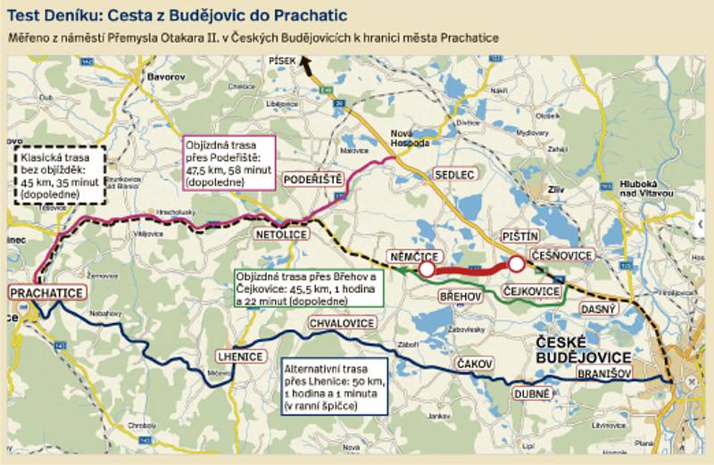 Uzavírka mezi Češnovicemi a Němčicemi znamená vydat se po některé z náhradních tras do Českých Budějovic.