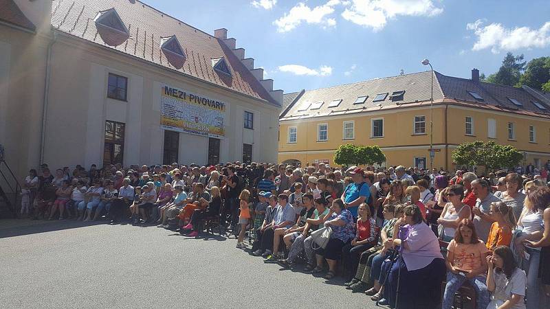 Lidé již netrpělivě čekají na příchod prezidenta Miloše Zemana na parkovišti před hotelem Zlatá hvězda v ulici 1. máje ve Vimperku.