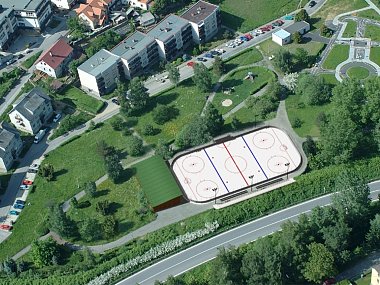 Vizualizace studie možného umístění hokejbalového hřiště v lokalitě Parku mládí