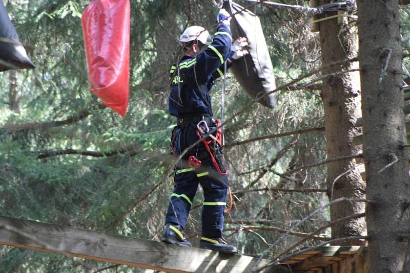 Členové lezeckých skupin ze všech územních odborů HZS Jihočeského kraje nacvičovali záchranu osob v lanovém parku na Libíně.