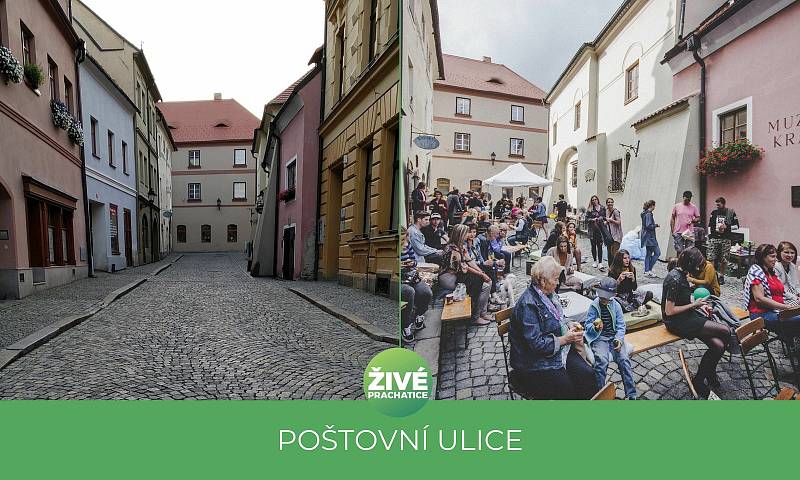 Prachatická Poštovní ulice, kde se čas od času konají Sousedské slavnosti a další akce.