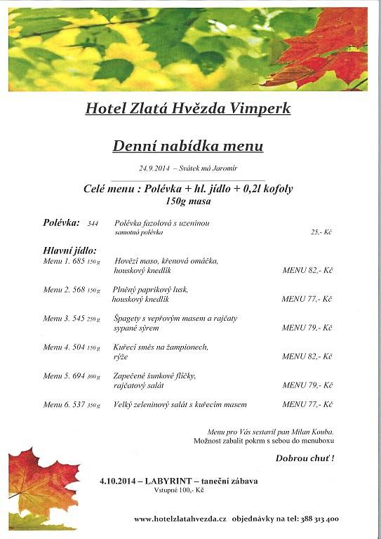 Denní menu - Hotel Zlatá hvězda, Vimperk