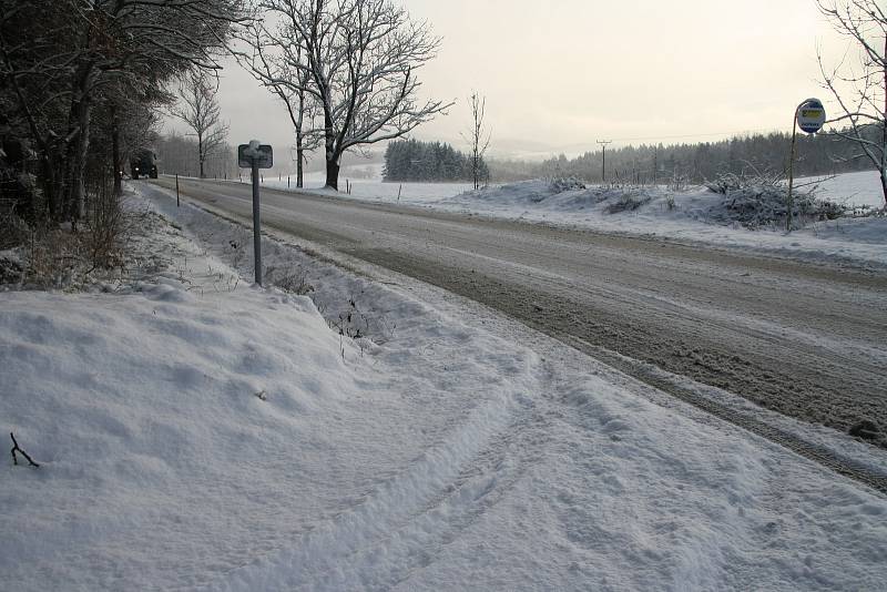 Místy jen mokrá silnice, jinde uježděná vrstva sněhu. Tak vypadaly vozovky v pondělí 18. prosince ráno na Prachaticku. V zatáčce u Perlovic zůstal kamion.