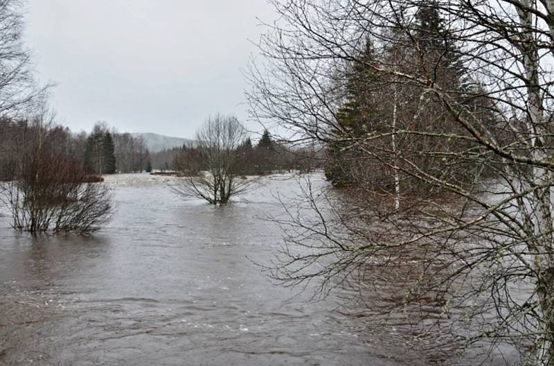 Rozvodněná Vltava u Soumarského Mostu a Černého Křiže.