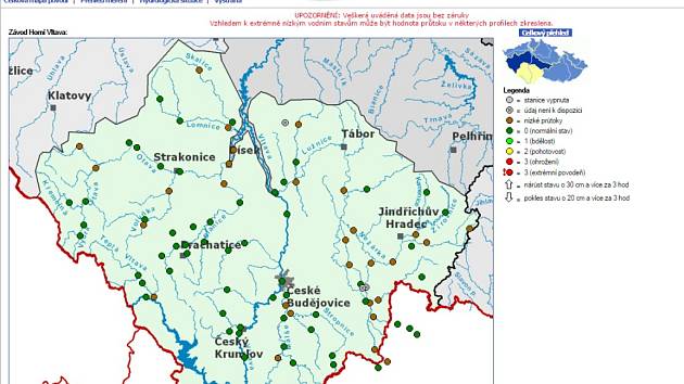 Print screen mapky povodí Vltavy se stavy a průtoky na jihočeských tocích. Zdroj: www.pvl.cz.