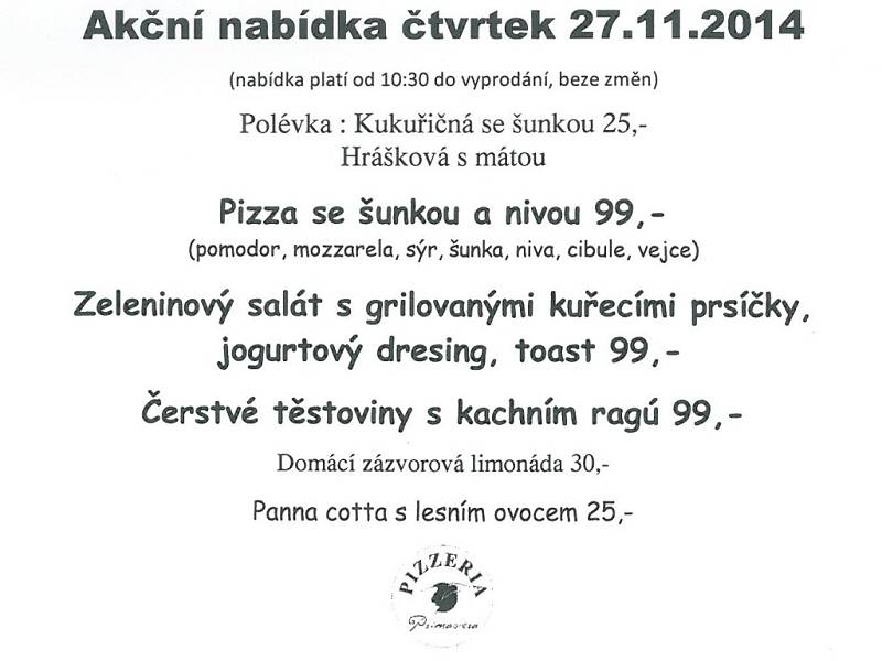 Denní nabídka - Pizzerie Primavera Prachatice