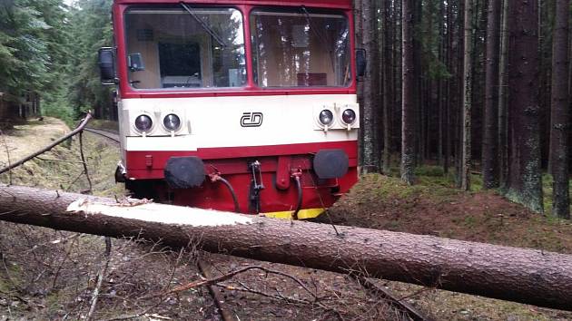 U Volar na Prachaticku v neděli narazil vlak do spadlého stromu.