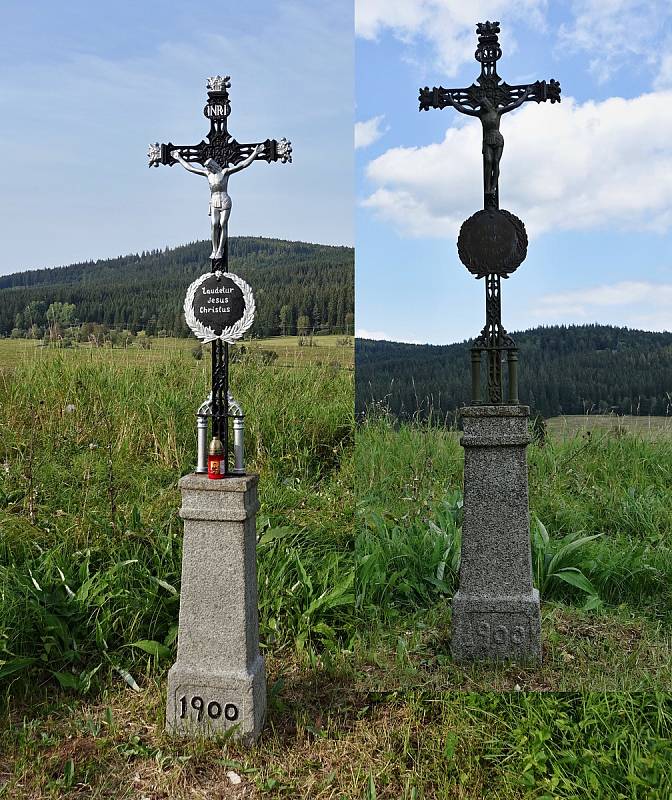 Padesát šumavských křížků, které opravil Stan Schneedorf.  Březová Lada (29. 8. 2018). Foto poskytl: Stan Schneedorf