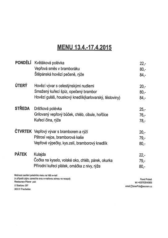 Týdenní nabídka - Restaurace Pilsner pub Prachatice