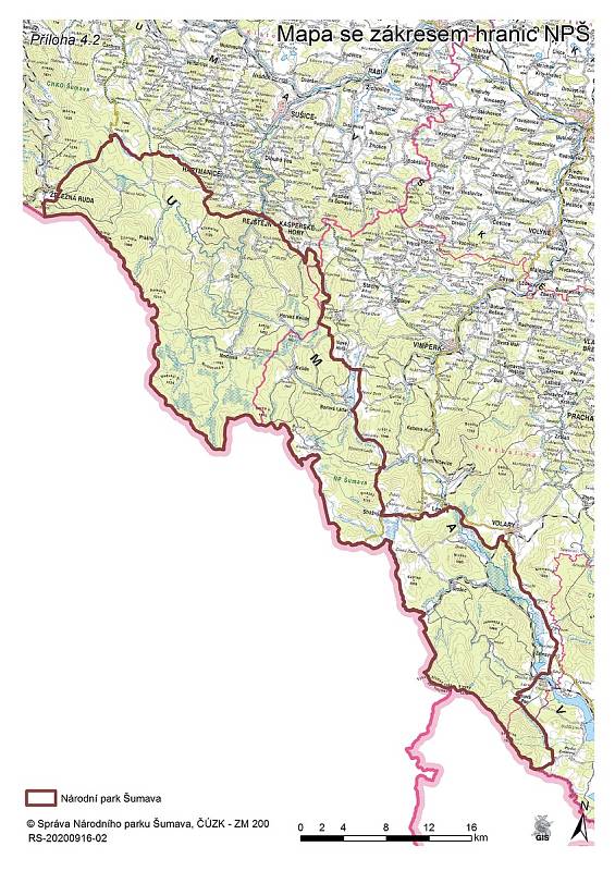 Mapa se zákresem hranic NP Šumava.