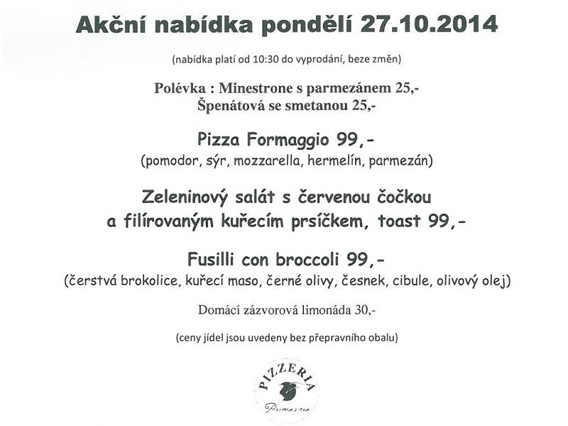 Denní nabídka - Pizzerie Primavera Prachatice