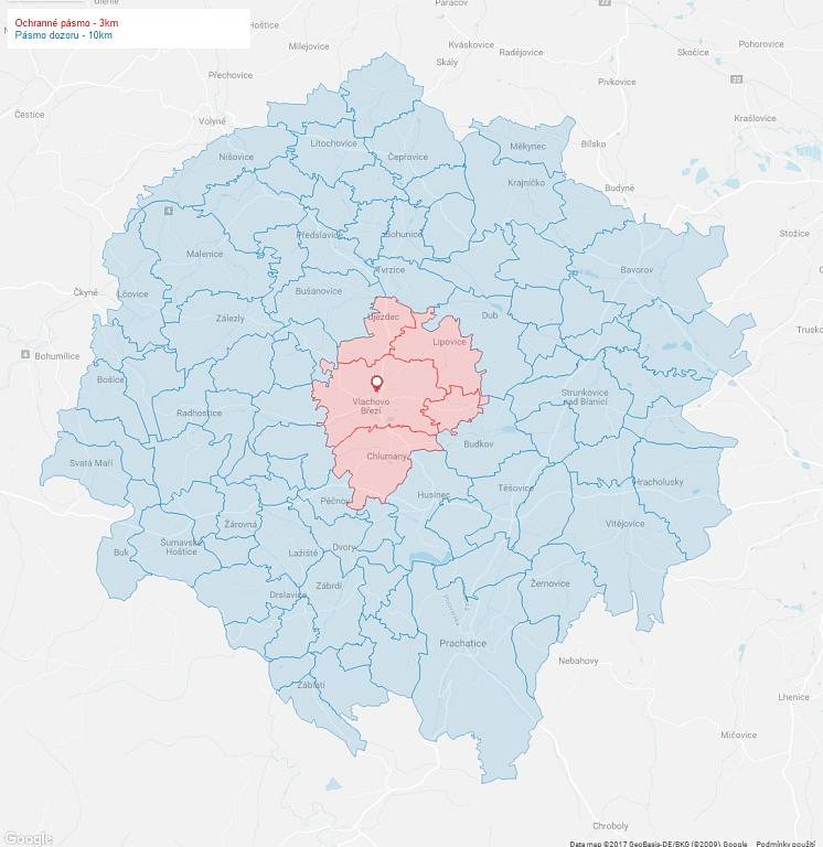 Ptačí chřipka ve Vlachově Březí - vytyčená pásma. 