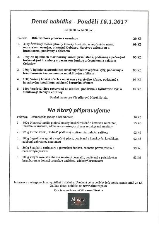 Denní nabídka - Restaurace Almara Prachatice