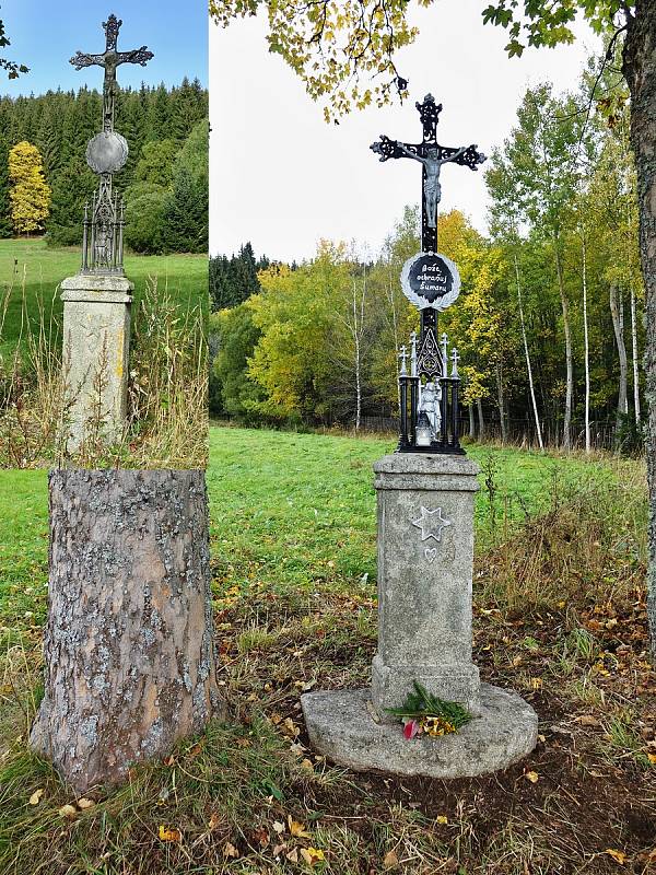 Padesát šumavských křížků, které opravil Stan Schneedorf. Borová Lada (4. 10. 2019). Foto poskytl: Stan Schneedorf