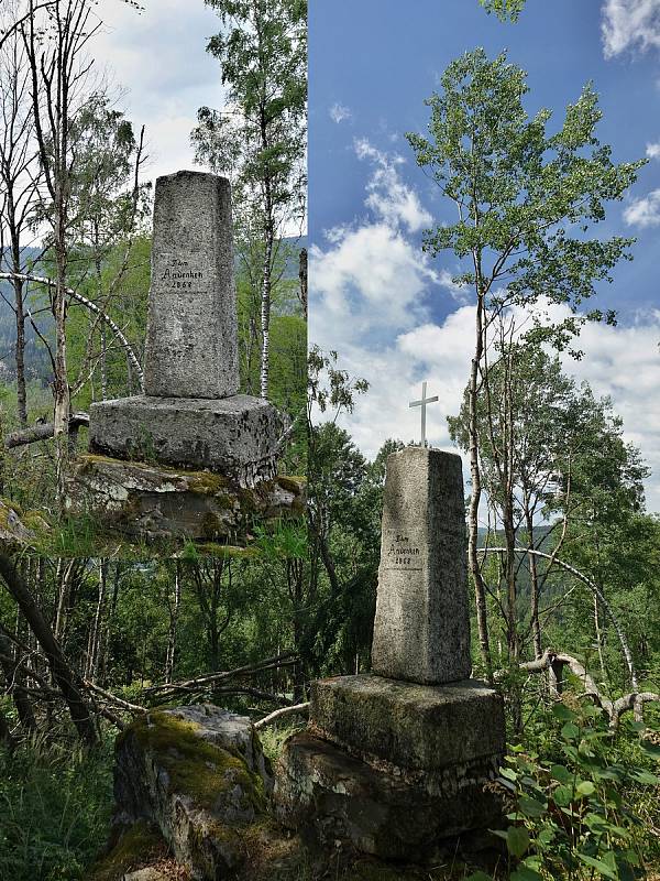 Padesát šumavských křížků, které opravil Stan Schneedorf. Želnavský vrch (3. 7. 2019). Foto poskytl: Stan Schneedorf