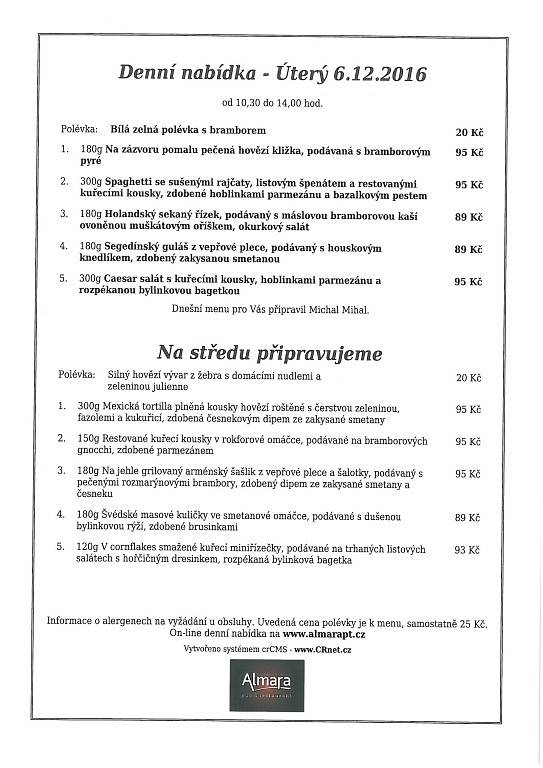 Denní nabídka - Restaurace Almara Prachatice