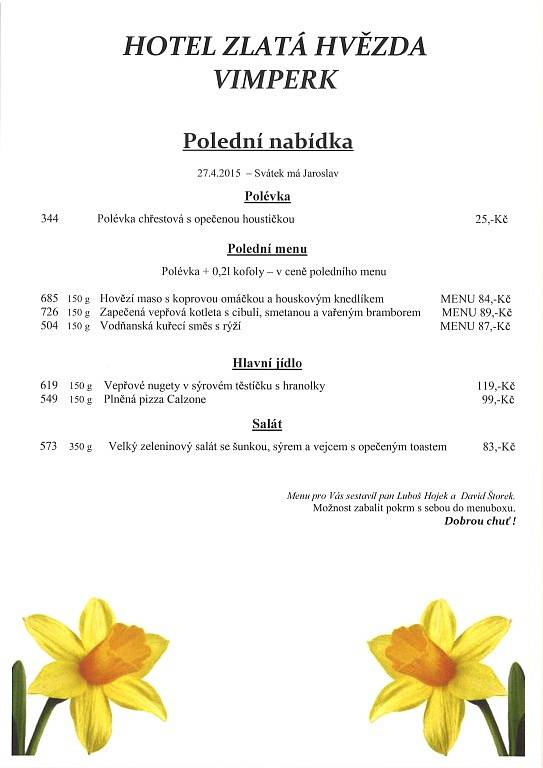 Denní nabídka - Hotel Zlatá hvězda Vimperk