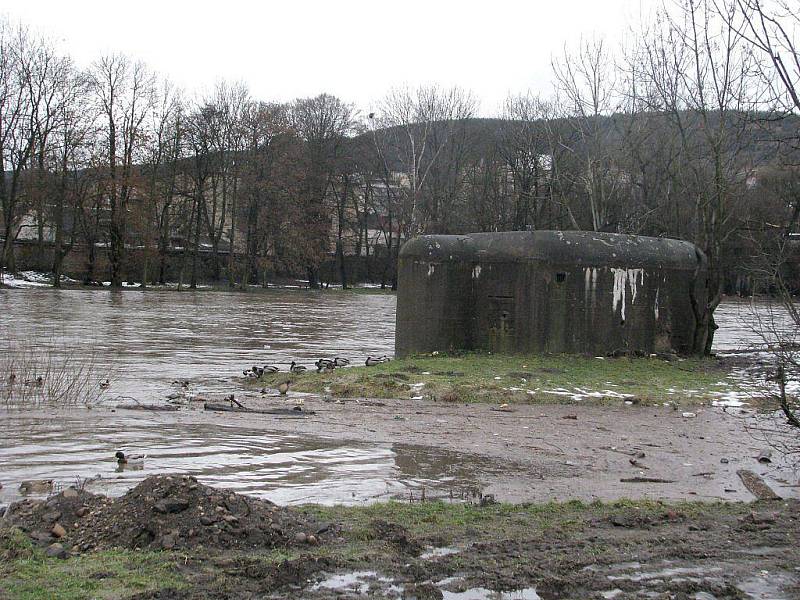 Berounka v pátek 14. ledna dopoledne. A řeka stále stoupá.