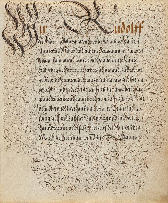 Neznámý rudolfínský mistr kaligrafie: Nobilitační spis Eliase Schmidtgrabnera von Listenegg, rok 1594 (soukromá sbírka v ČR). Foto: Stanislav Vaněk