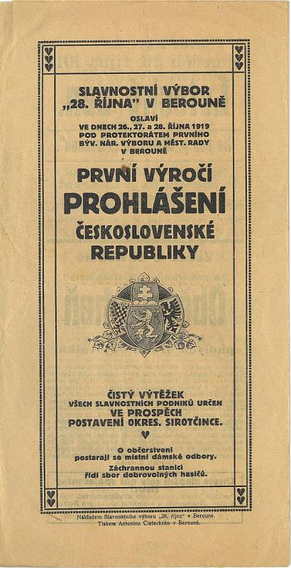 Pozvánka na oslavy prvního výročí republiky v Berouně. Výtěžek měl putovat na stavbu okresního sirotčince.