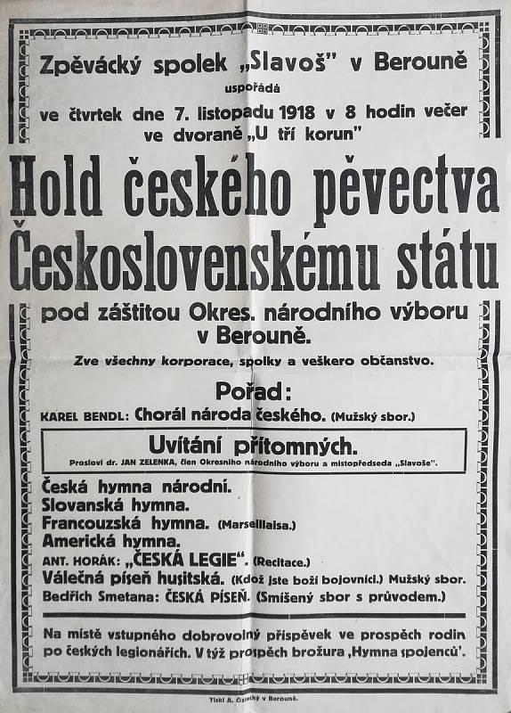 Plakát s upoutávkou na koncert sboru, který v Berouně vzdával spojeneckými hymnami hold nově vzniklému státu.