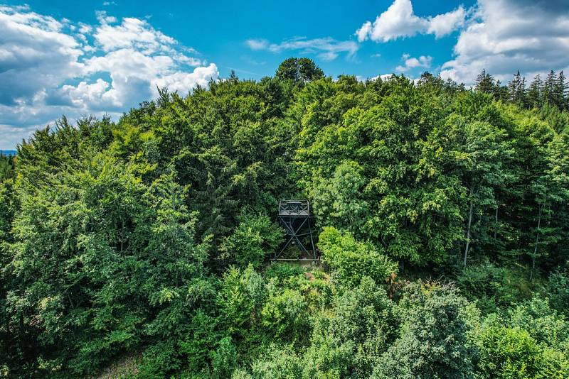 Rozhledna Granátník, Srnín. Dřevěná rozhledna byla slavnostně otevřena v roce 2003. Je 5 m vysoká a lze z ní spatřit Hlubokou nad Vltavou, České Budějovice, klášter Zlatá Koruna, srnínskou pekárnu nebo Novohradské hory.