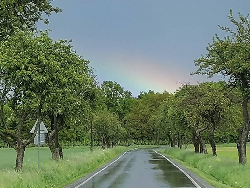 Duha nad Čejeticemi po odpolední přeháňce.