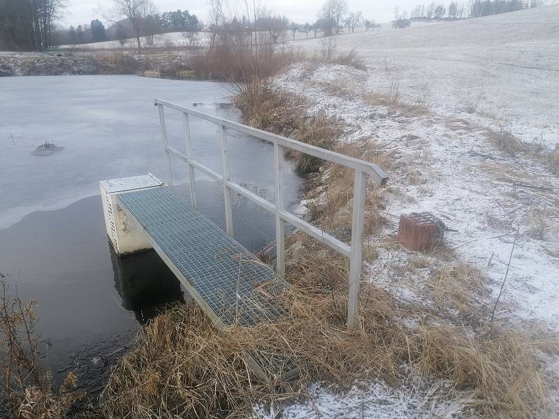 V této nádrži byl pes nalezen. Na břehu stále leží cihla, kterou měl přivázanou na krku.