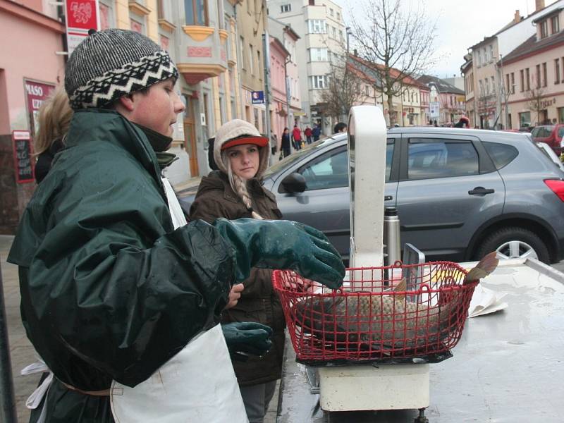 Prodej vánočních kaprů na Velkém náměstí Strakonice. 