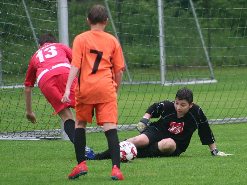 Starší žáci Mšena (v červeném) a Všetat odehráli ukázkové utkání na kratším hřišti a s nižším počtem hráčů.