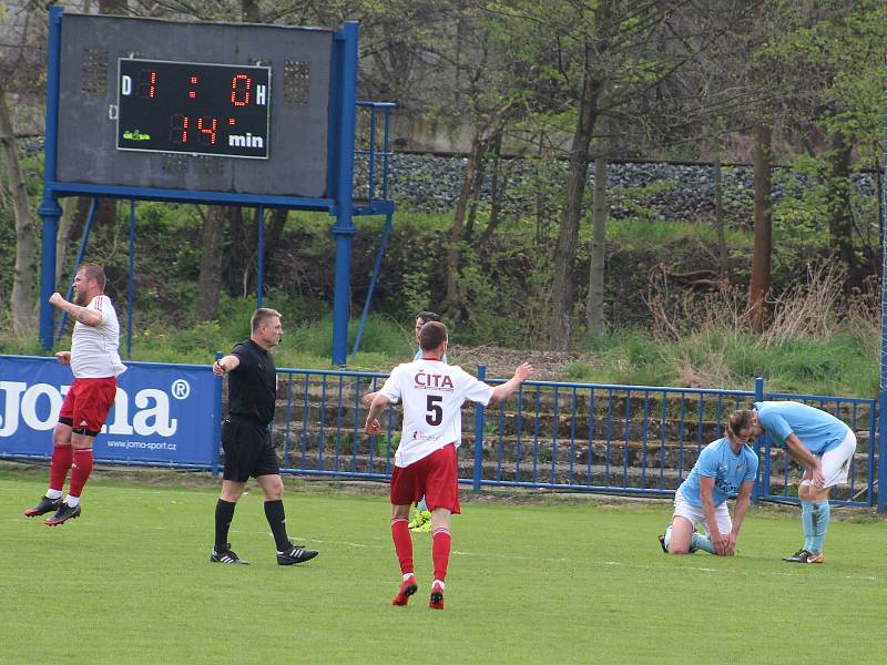 Fotbalisté FK Kralupy 1901 (modré dresy) pokračovali v jarní krasojízdě také v derby s Libčicemi, velkého soupeře doma porazili 5:2.