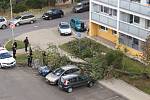 Na parkovišti mezi panelovými domy na sídlišti V Zátiší v Kralupech nad Vltavou skácel ve čtvrtek 21. října vichr strom na parkující auto.