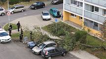 Na parkovišti mezi panelovými domy na sídlišti V Zátiší v Kralupech nad Vltavou skácel ve čtvrtek 21. října vichr strom na parkující auto.