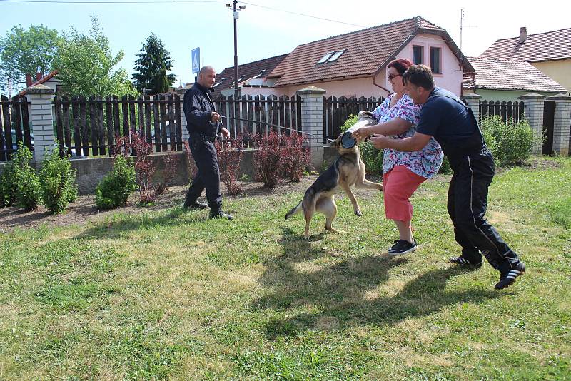 Policejní psovodi předváděli umění služebních psů na Základní škole v Lužci nad Vltavou.