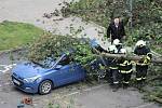 Na parkovišti mezi panelovými domy na sídlišti V Zátiší v Kralupech nad Vltavou skácel ve čtvrtek 21. října vichr strom na parkující auto. Na místě zasahovali hasiči.
