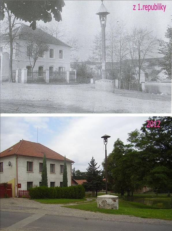 Býkev. Dřevěná zvonička je nahrazena kovovou na stejném podstavci, ani rybník tady nezasypali.