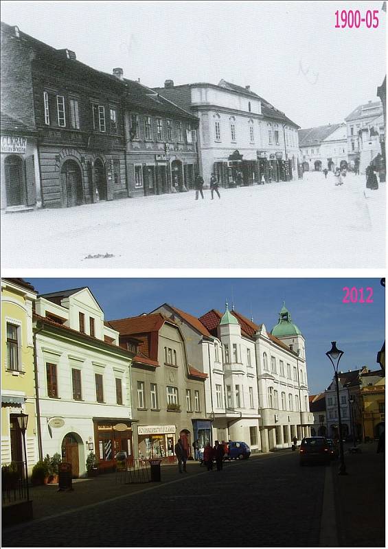 Svatováclavská ulice. Pohled od zámku směrem k náměstí. Změny jsou zjevné, jen mi nepřipadají tak drastické jako jinde v Mělníku. Podle publikace byly poslední tři domy vlevo, před náměstím, poměrně dost historicky cenné. Místo nich je spořitelna