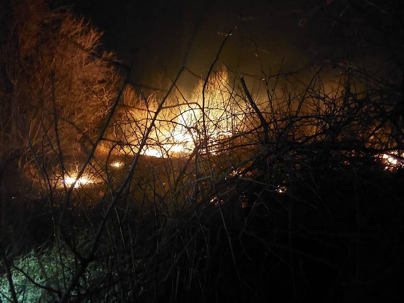 Požár suché trávy, křoví a náletových dřevin ve stráni v prostoru skládky v lokalitě Na Zájezdě ve Veltrusech.