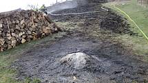 Hasiči likvidují požár louky v Ratiboři na Vsetínsku; středa 27. března 2019