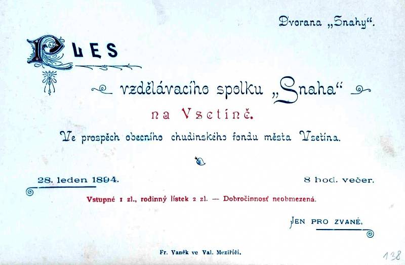 Pozvánka Snahy na ples 1894