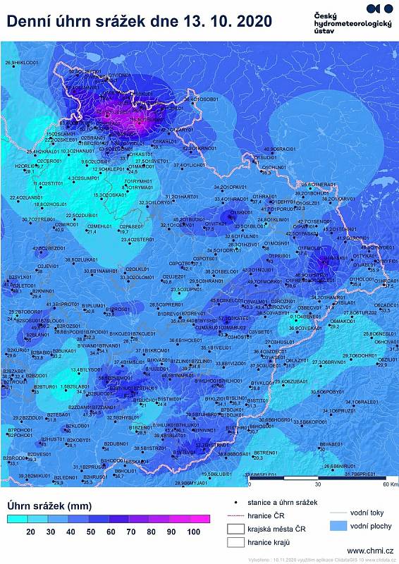 Denní úhrn srážek dne 13. 10. 2020.