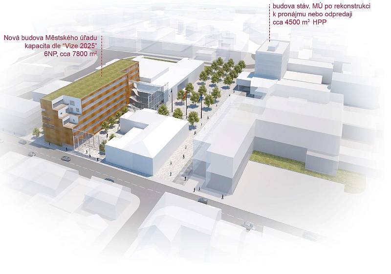 Vizualizace nové budovy vsetínské radnice a pohled na veřejné prostranství Svárov ve Vsetíně od architektonické kanceláře A8000.