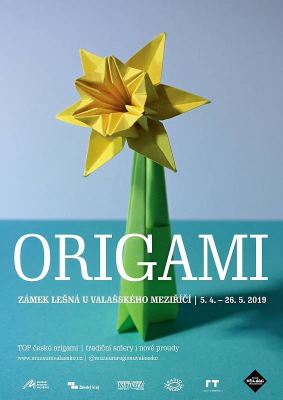 Plakát k výstavě Origami, která začíná v pátek 5. dubna 2019 v zámku Lešná u Valašského Meziříčí.