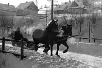 V zimě se místo vozů užívaly koňmi tažené sáně. Valašsko 60. či 70. léta 20. století.