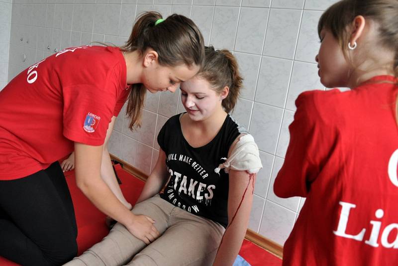 Soutěž hlídek mladých zdravotníků z valašských základních škol pořádaná Oblastním spolkem Českého červeného kříže ve Vsetíně; Vsetín, čtvrtek 21. května 2015.